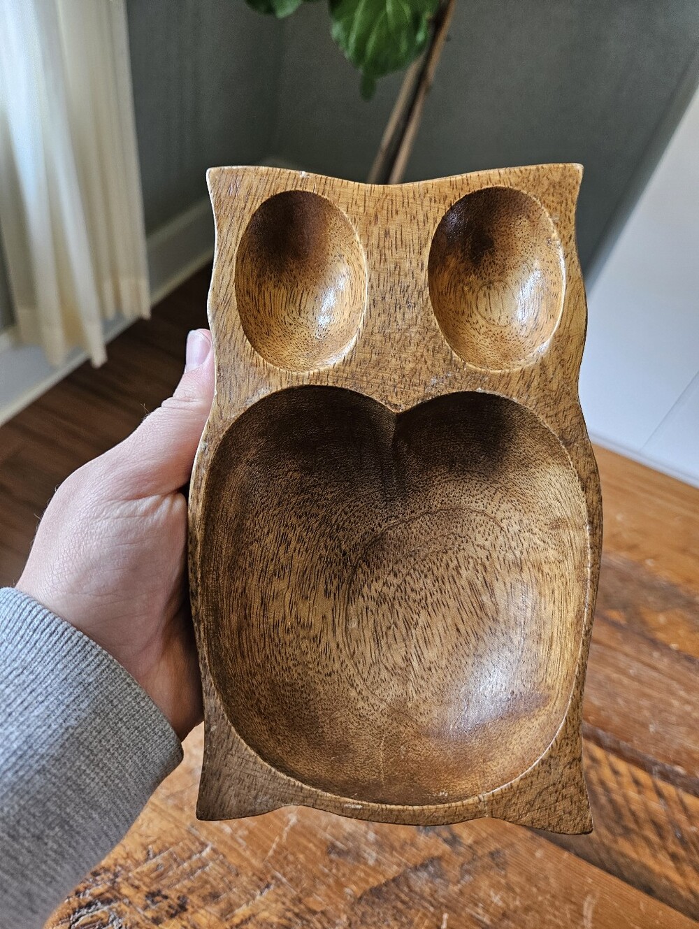 Vintage Hand-Carved Wood Owl Snack Bowl/Trinket Dish
